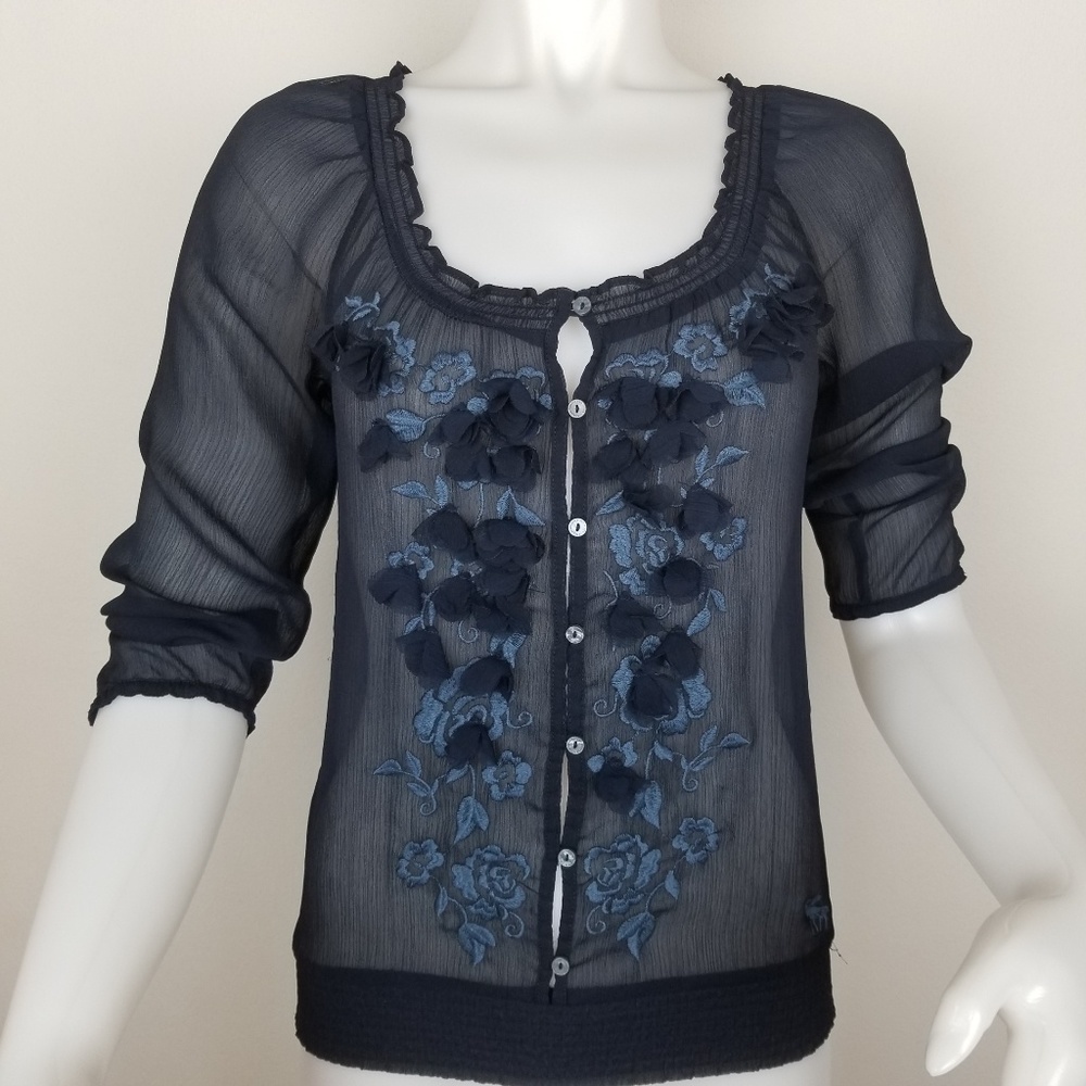 Abercrombie & Fitch Embroidered Floral Navy Blue Sheer Blouse, size S